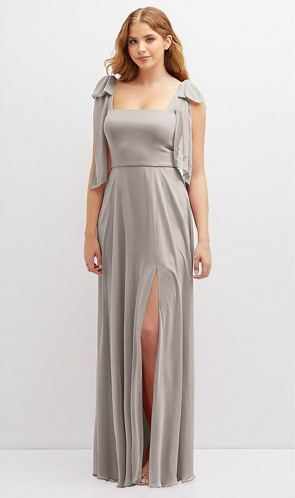 Front View - Taupe Bow Shoulder Square Neck Chiffon Maxi Dress