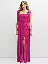 Front View Thumbnail - Think Pink Bow Shoulder Square Neck Chiffon Maxi Dress