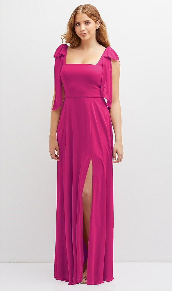 Front View - Think Pink Bow Shoulder Square Neck Chiffon Maxi Dress