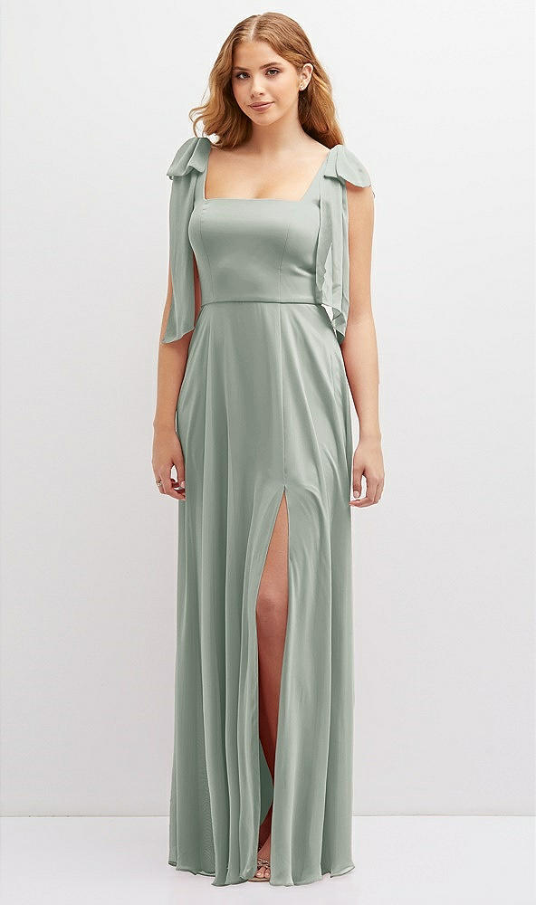 Front View - Willow Green Bow Shoulder Square Neck Chiffon Maxi Dress