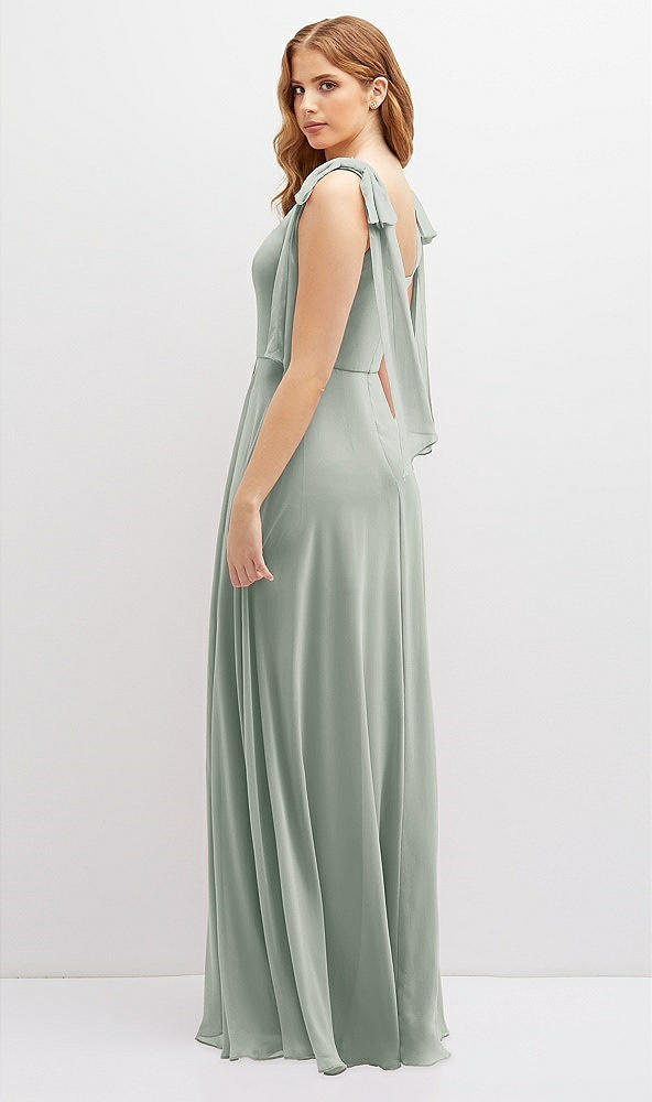 Back View - Willow Green Bow Shoulder Square Neck Chiffon Maxi Dress