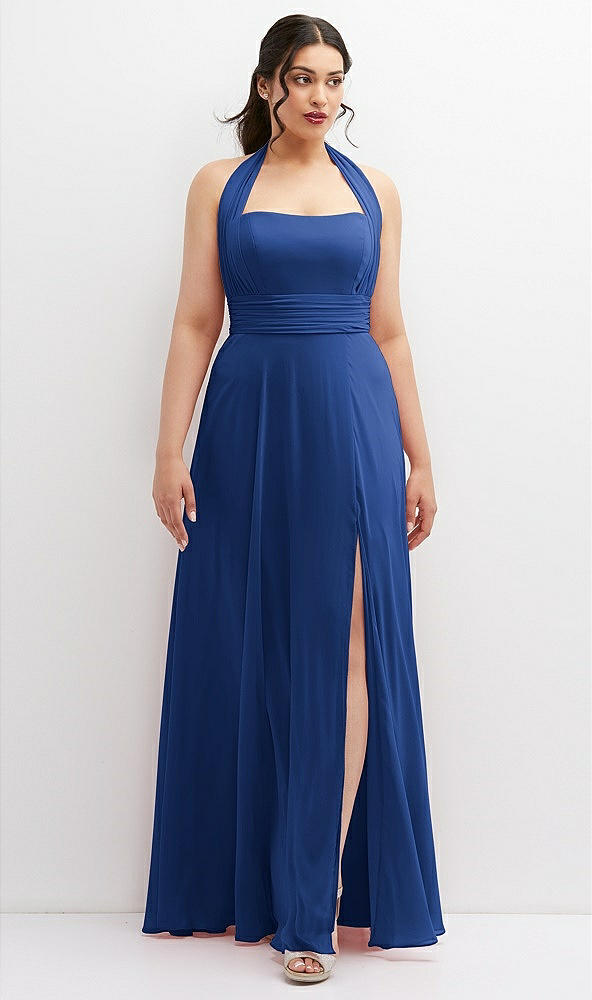Front View - Classic Blue Chiffon Convertible Maxi Dress with Multi-Way Tie Straps