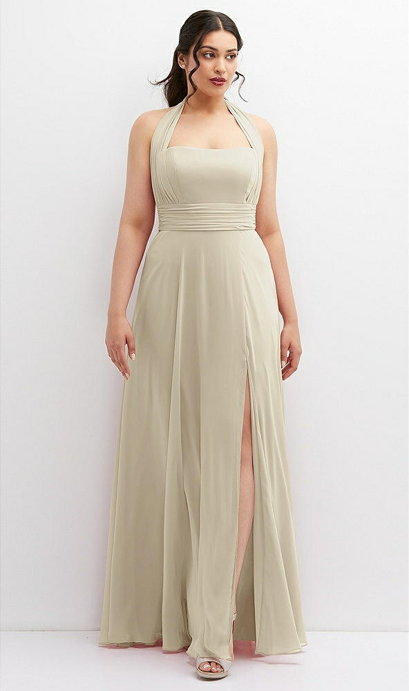 Front View - Champagne Chiffon Convertible Maxi Dress with Multi-Way Tie Straps