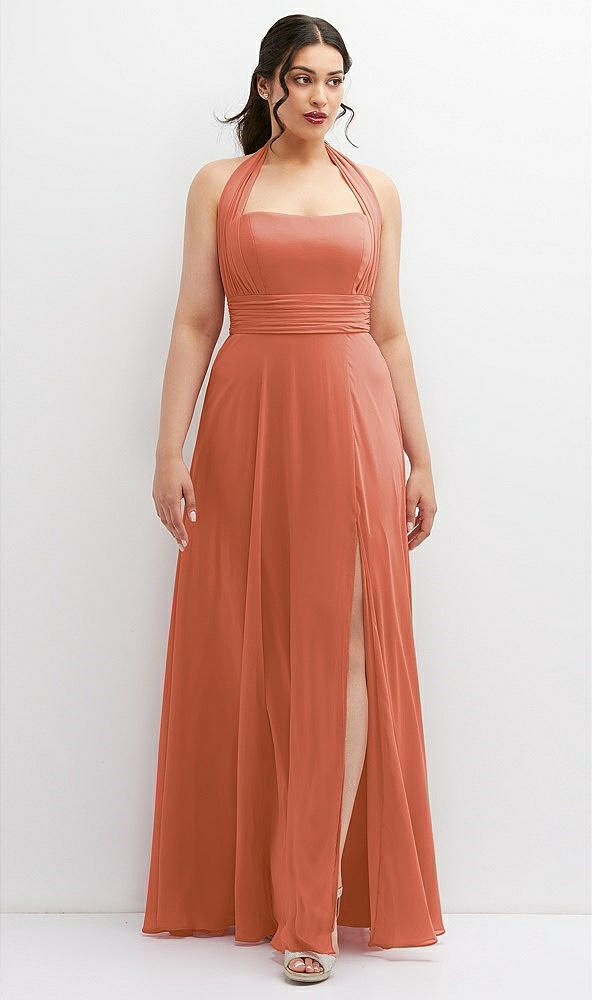 Front View - Terracotta Copper Chiffon Convertible Maxi Dress with Multi-Way Tie Straps