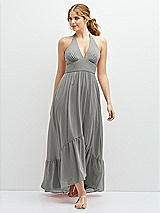 Front View Thumbnail - Chelsea Gray Chiffon Halter High-Low Dress with Deep Ruffle Hem
