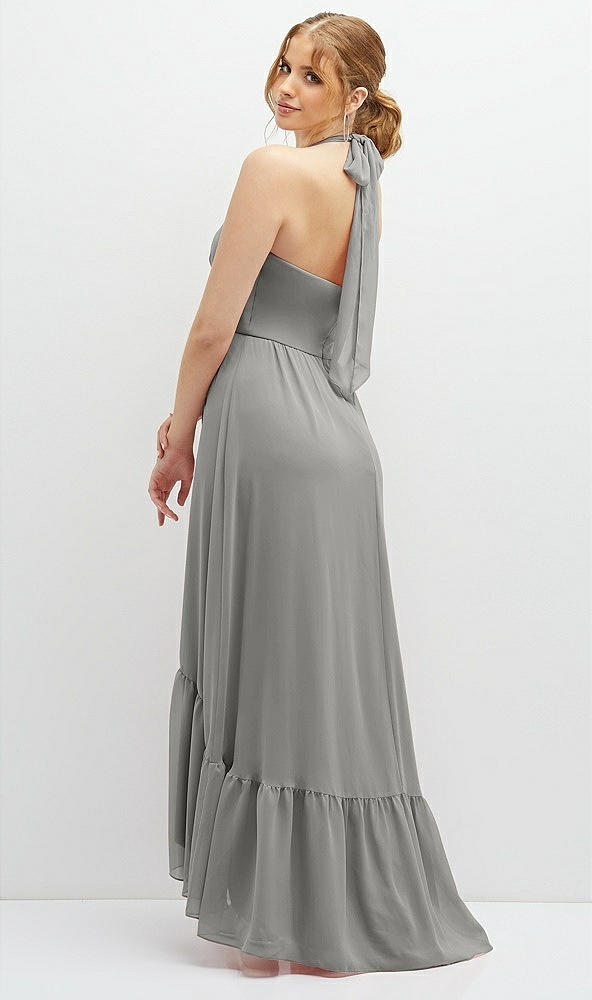 Back View - Chelsea Gray Chiffon Halter High-Low Dress with Deep Ruffle Hem