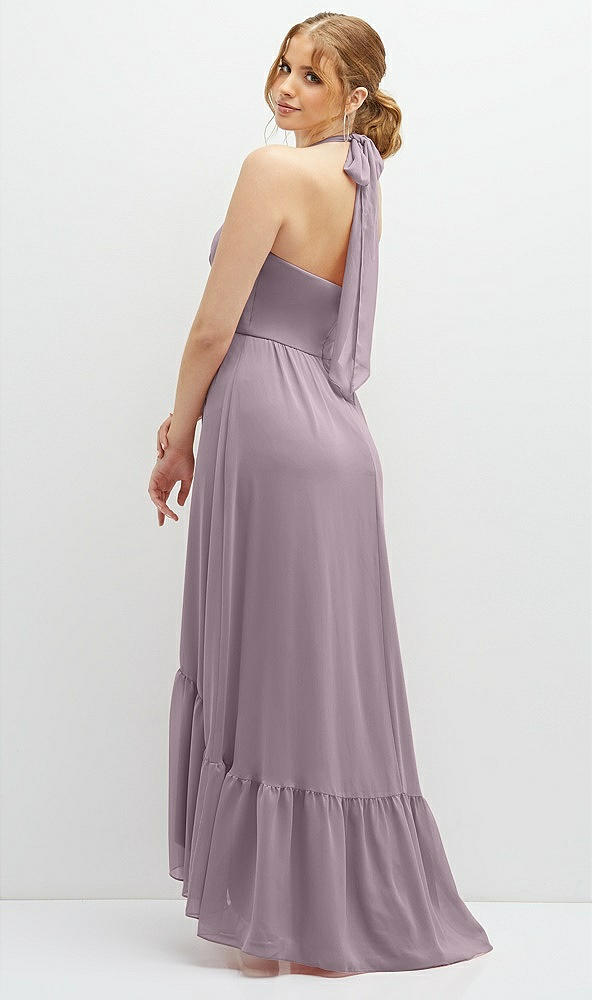 Back View - Lilac Dusk Chiffon Halter High-Low Dress with Deep Ruffle Hem