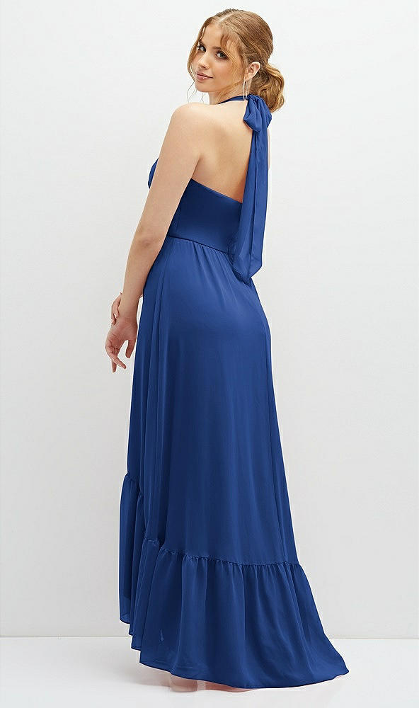 Back View - Classic Blue Chiffon Halter High-Low Dress with Deep Ruffle Hem