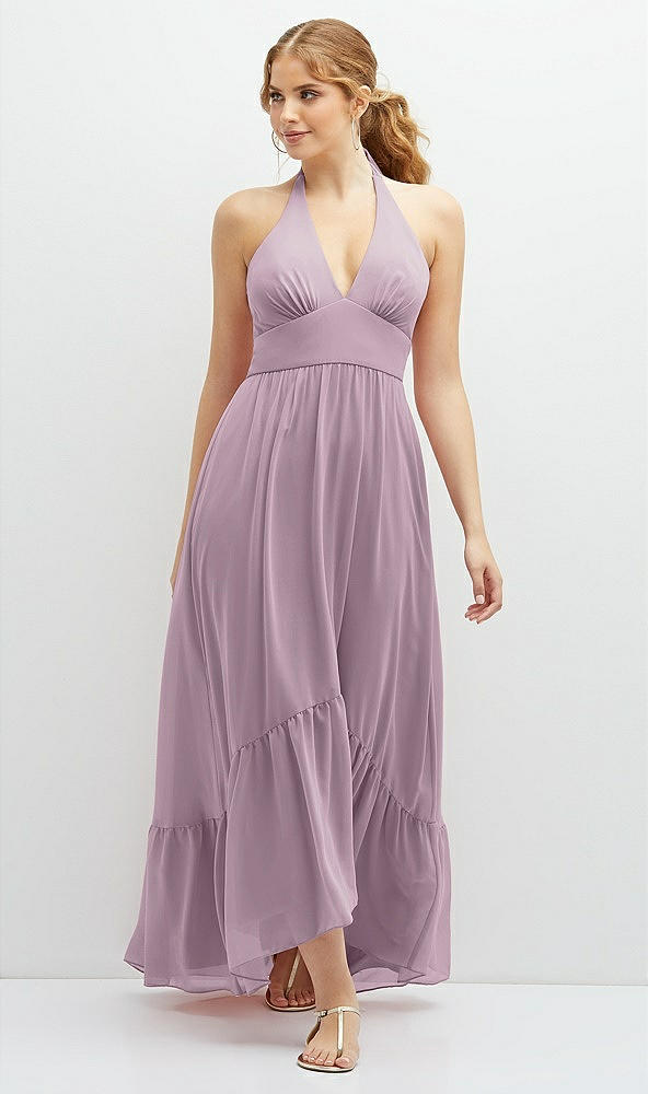 Front View - Suede Rose Chiffon Halter High-Low Dress with Deep Ruffle Hem