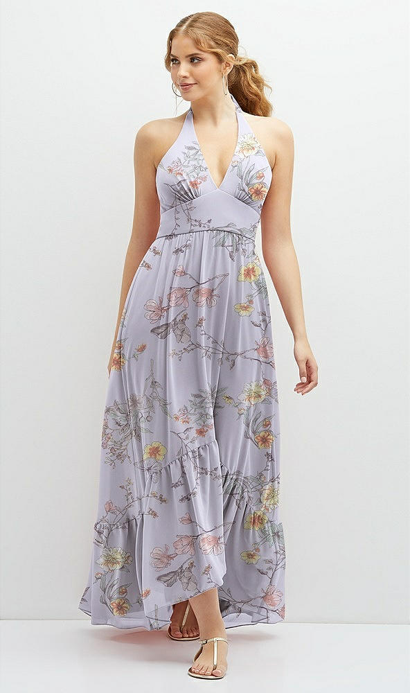 Front View - Butterfly Botanica Silver Dove Chiffon Halter High-Low Dress with Deep Ruffle Hem