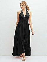 Front View Thumbnail - Black Chiffon Halter High-Low Dress with Deep Ruffle Hem