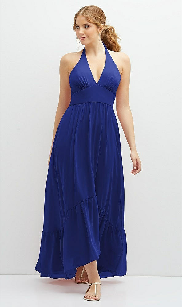 Front View - Cobalt Blue Chiffon Halter High-Low Dress with Deep Ruffle Hem