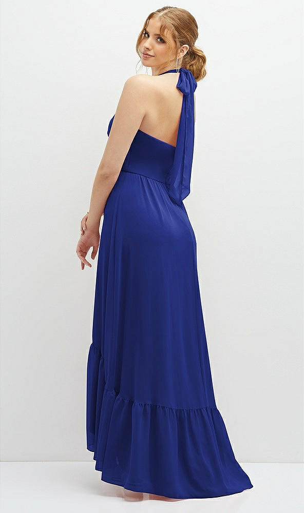 Back View - Cobalt Blue Chiffon Halter High-Low Dress with Deep Ruffle Hem