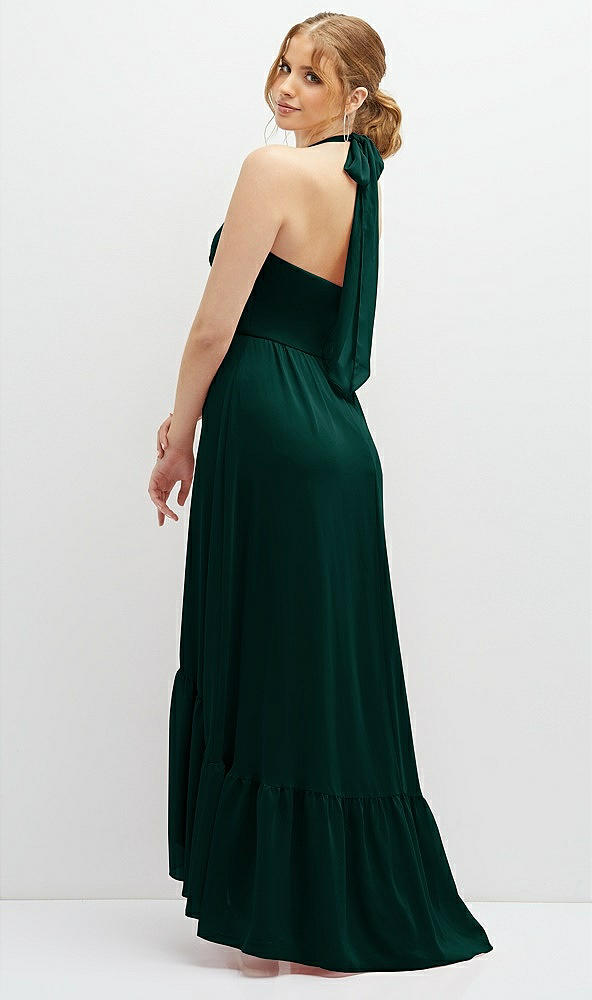 Back View - Evergreen Chiffon Halter High-Low Dress with Deep Ruffle Hem