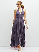 Front View Thumbnail - Lavender Chiffon Halter High-Low Dress with Deep Ruffle Hem