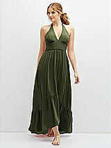 Front View Thumbnail - Olive Green Chiffon Halter High-Low Dress with Deep Ruffle Hem