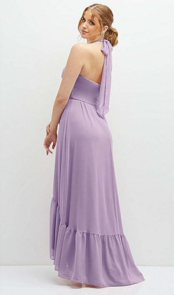 Back View - Pale Purple Chiffon Halter High-Low Dress with Deep Ruffle Hem