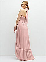 Rear View Thumbnail - Rose - PANTONE Rose Quartz Chiffon Halter High-Low Dress with Deep Ruffle Hem