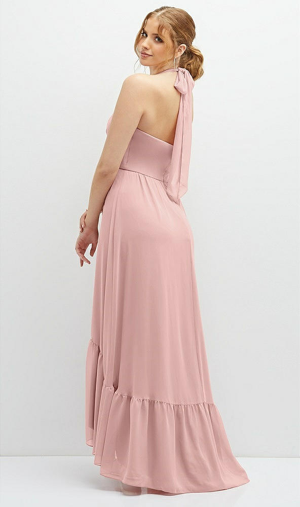 Back View - Rose - PANTONE Rose Quartz Chiffon Halter High-Low Dress with Deep Ruffle Hem