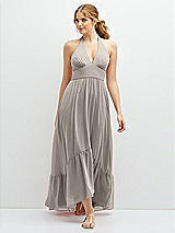 Front View Thumbnail - Taupe Chiffon Halter High-Low Dress with Deep Ruffle Hem