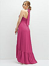 Rear View Thumbnail - Tea Rose Chiffon Halter High-Low Dress with Deep Ruffle Hem