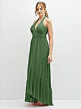 Side View Thumbnail - Vineyard Green Chiffon Halter High-Low Dress with Deep Ruffle Hem