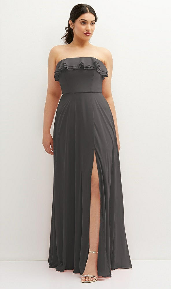 Front View - Caviar Gray Tiered Ruffle Neck Strapless Maxi Dress with Front Slit