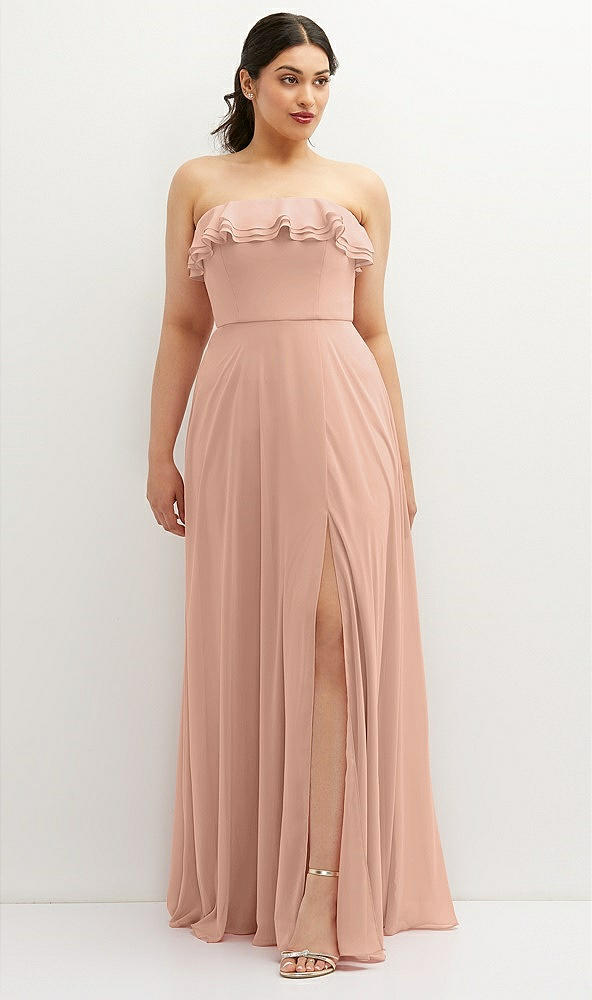 Front View - Pale Peach Tiered Ruffle Neck Strapless Maxi Dress with Front Slit