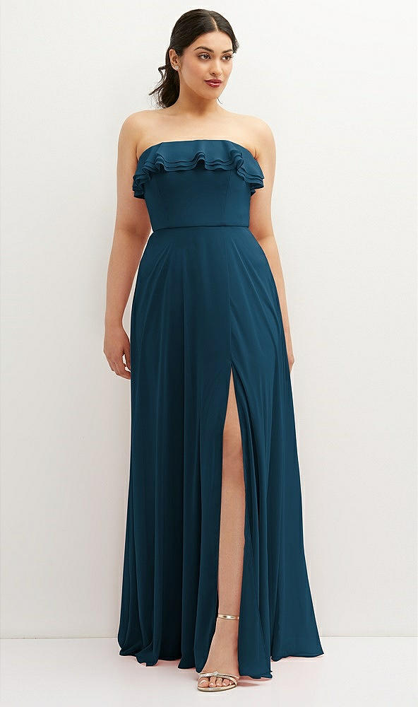 Front View - Atlantic Blue Tiered Ruffle Neck Strapless Maxi Dress with Front Slit