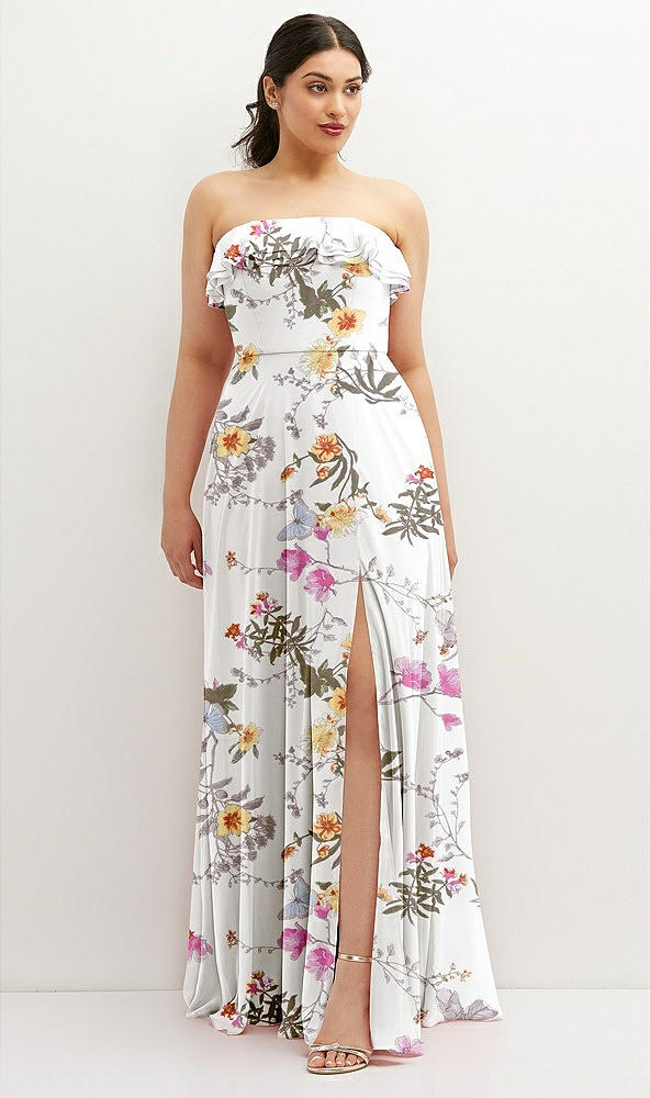 Front View - Butterfly Botanica Ivory Tiered Ruffle Neck Strapless Maxi Dress with Front Slit