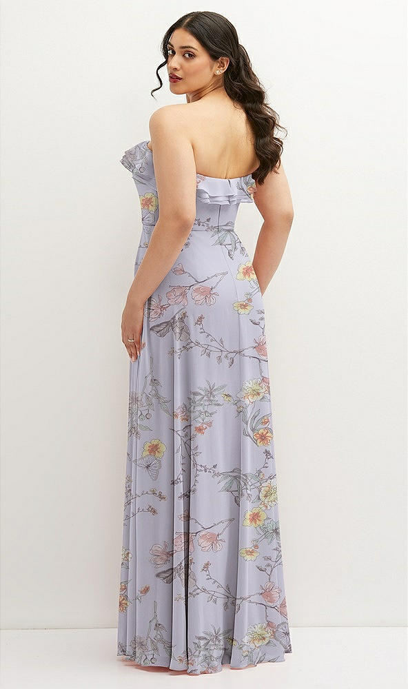 Back View - Butterfly Botanica Silver Dove Tiered Ruffle Neck Strapless Maxi Dress with Front Slit