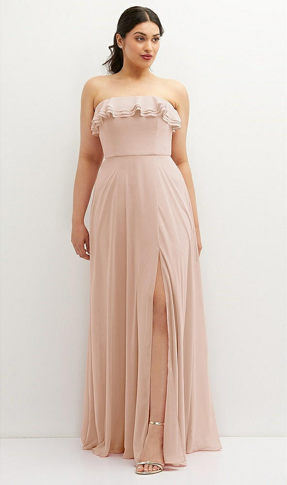 Front View - Cameo Tiered Ruffle Neck Strapless Maxi Dress with Front Slit