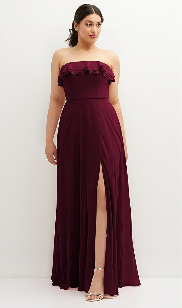 Front View - Cabernet Tiered Ruffle Neck Strapless Maxi Dress with Front Slit