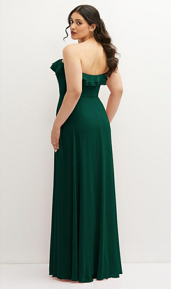 Back View - Hunter Green Tiered Ruffle Neck Strapless Maxi Dress with Front Slit