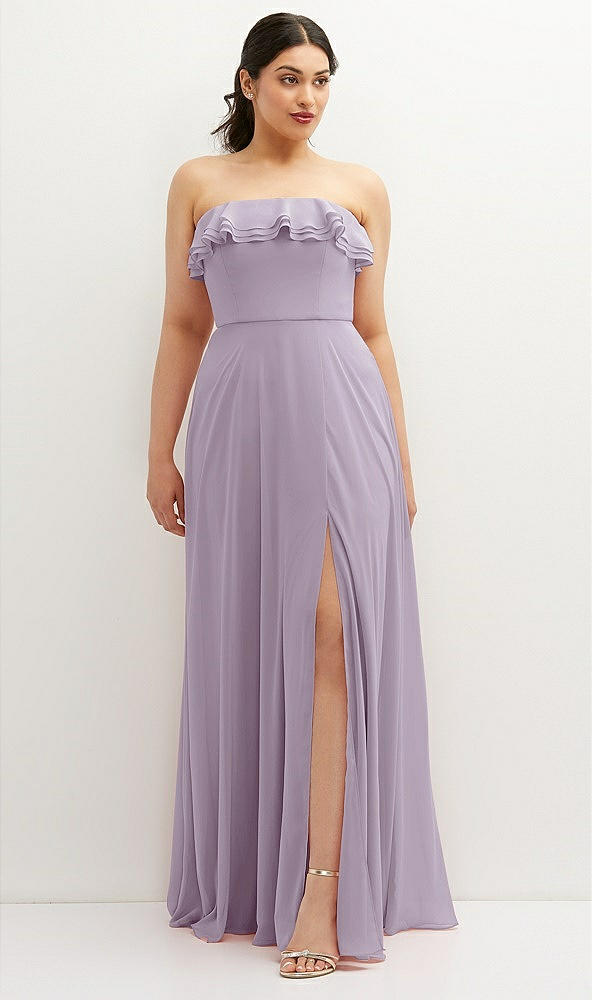 Front View - Lilac Haze Tiered Ruffle Neck Strapless Maxi Dress with Front Slit