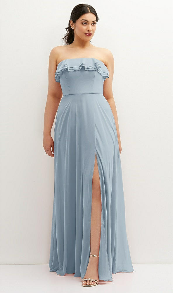 Front View - Mist Tiered Ruffle Neck Strapless Maxi Dress with Front Slit