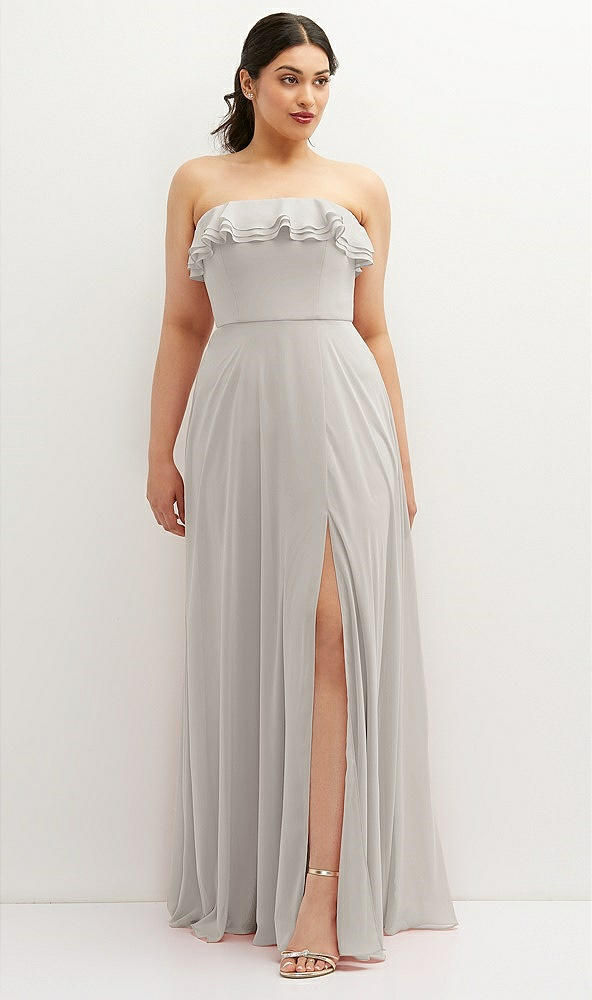 Front View - Oyster Tiered Ruffle Neck Strapless Maxi Dress with Front Slit