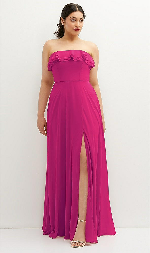 Front View - Think Pink Tiered Ruffle Neck Strapless Maxi Dress with Front Slit
