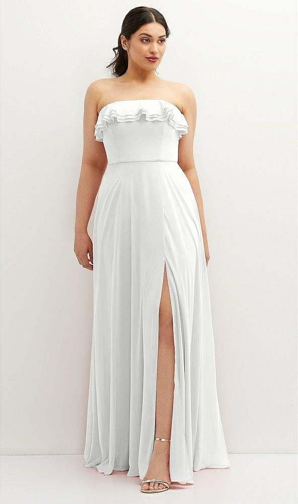 Front View - White Tiered Ruffle Neck Strapless Maxi Dress with Front Slit