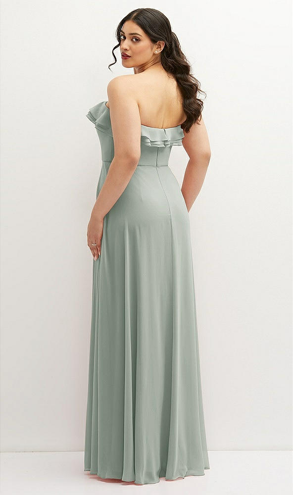 Back View - Willow Green Tiered Ruffle Neck Strapless Maxi Dress with Front Slit