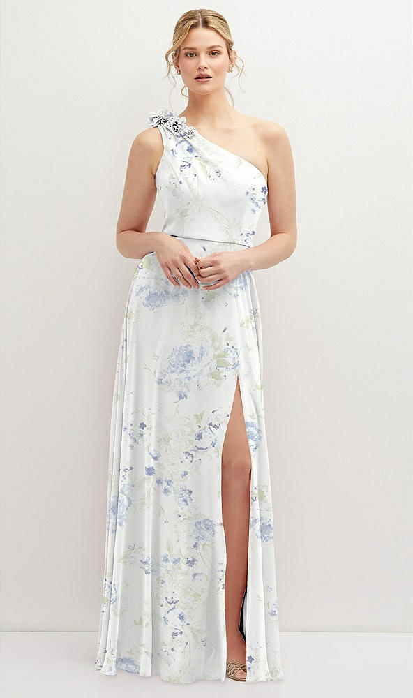 Front View - Bleu Garden Handworked Flower Trimmed One-Shoulder Chiffon Maxi Dress