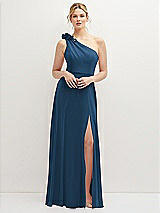 Front View Thumbnail - Dusk Blue Handworked Flower Trimmed One-Shoulder Chiffon Maxi Dress