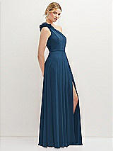 Side View Thumbnail - Dusk Blue Handworked Flower Trimmed One-Shoulder Chiffon Maxi Dress