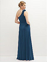 Rear View Thumbnail - Dusk Blue Handworked Flower Trimmed One-Shoulder Chiffon Maxi Dress