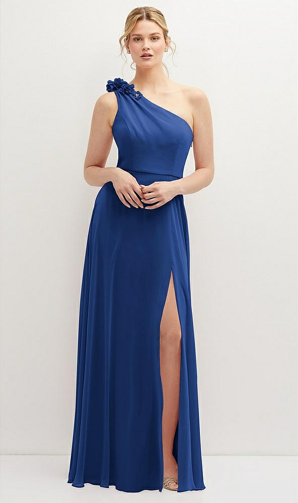 Front View - Classic Blue Handworked Flower Trimmed One-Shoulder Chiffon Maxi Dress