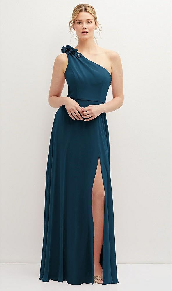 Front View - Atlantic Blue Handworked Flower Trimmed One-Shoulder Chiffon Maxi Dress