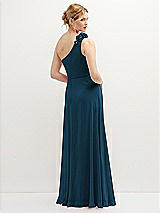 Rear View Thumbnail - Atlantic Blue Handworked Flower Trimmed One-Shoulder Chiffon Maxi Dress