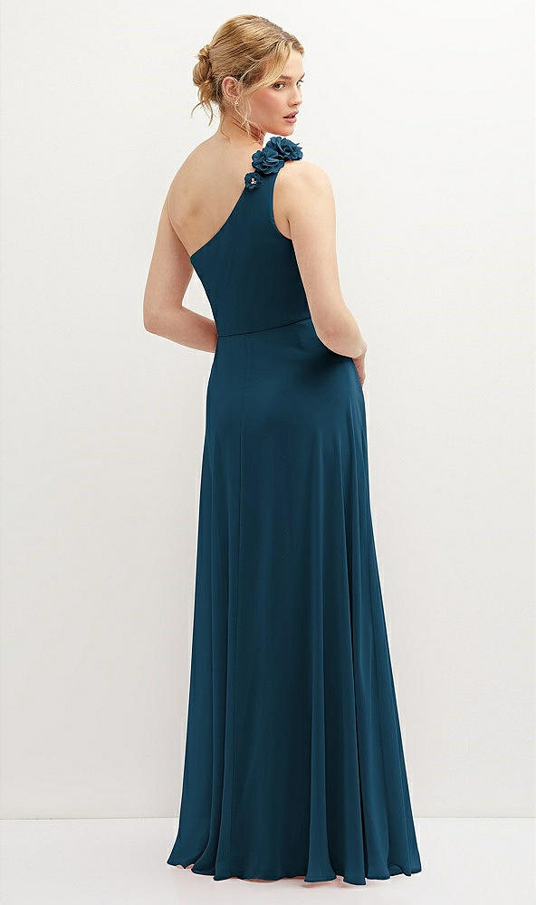 Back View - Atlantic Blue Handworked Flower Trimmed One-Shoulder Chiffon Maxi Dress