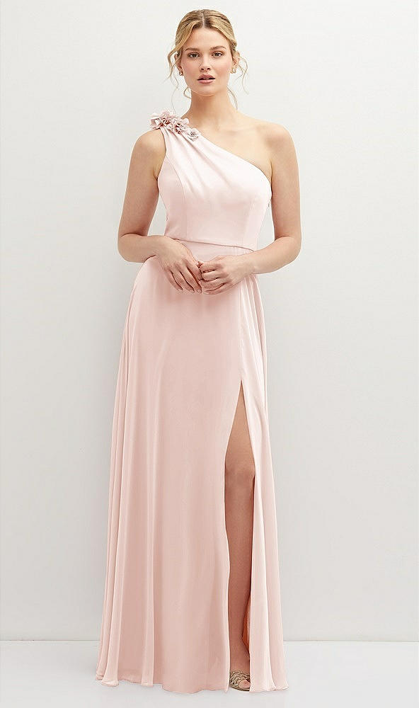 Front View - Blush Handworked Flower Trimmed One-Shoulder Chiffon Maxi Dress