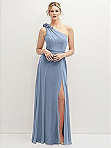 Front View Thumbnail - Cloudy Handworked Flower Trimmed One-Shoulder Chiffon Maxi Dress